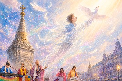 白い鳥へと姿を変え、天へと昇っていく様子
